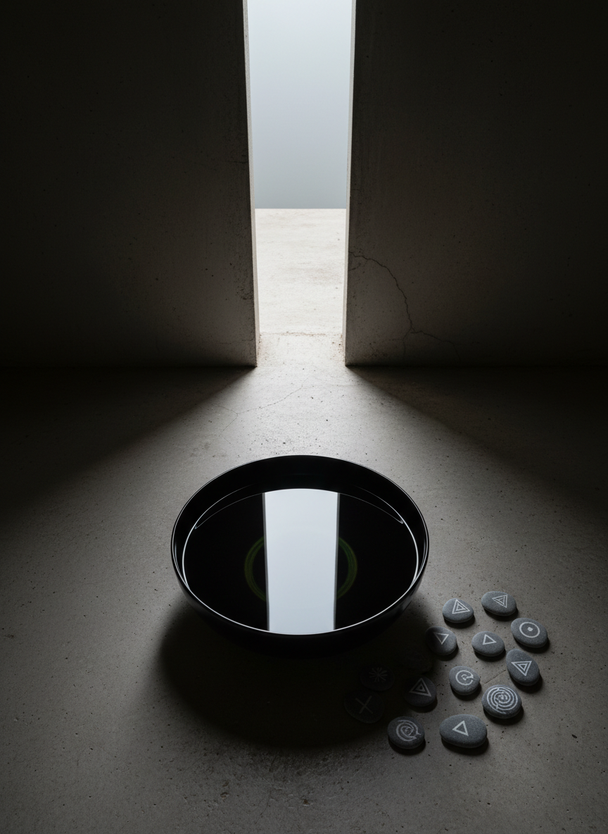 A minimal, photographic still life of an obsidian-black bowl filled with perfectly still, mirror-like water, placed on rough-hewn concrete in a dim underground chamber. Beside the bowl lies a stack of small, matte-grey stones, each etched with a different geometric pattern, arranged in a deliberate spiral. Overhead, a narrow rectangular opening in the ceiling admits a blade of cool daylight that falls directly onto the water’s surface, revealing a faint reflection of a distant, out-of-frame structure. The surrounding space remains in soft shadow, with subtle textures of stone and dust. Captured from a top-down, slightly oblique angle with sharp focus throughout, the composition is clean and contemplative. The mood is meditative, sophisticated, and quietly ritualistic, evoking deep-end philosophical scrying without any explicit symbols or text.