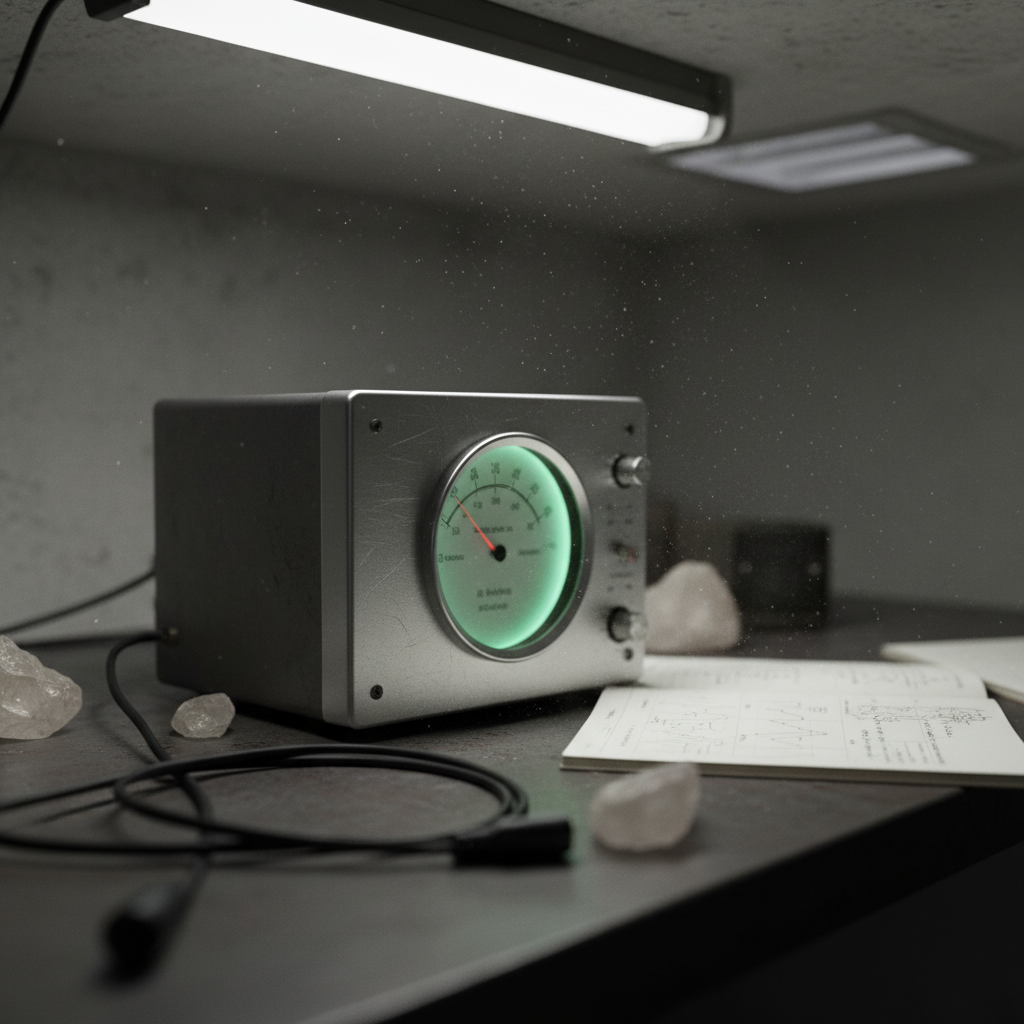 An abstract, photographic close-up of a vintage radio frequency analyzer resting on a dark metal workbench in a subterranean lab. Its brushed metal casing shows small scratches and fingerprints, while the central analog dial glows a soft, eerie green, needle hovering at a low frequency range. Around it lie coiled black cables, quartz crystals, and an open notebook with sketched waveforms, the writing intentionally blurred. Overhead, a single cool-white fluorescent strip casts crisp reflections on the glass dial, while a narrow shaft of stray daylight from a high vent introduces a delicate beam filled with dust motes. Shot from an oblique angle with a shallow depth of field that emphasizes the dial and needle. The atmosphere is analytical, experimental, and occult-tech, suggesting the measurement of hidden, subterranean vibrations of mind and reality.