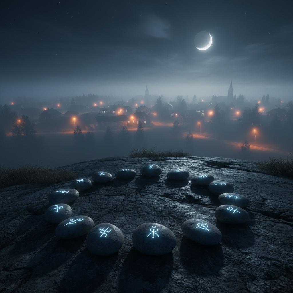 A stark, night-time landscape of a small Finnish town seen from the edge of a rocky outcrop, photographed with hyper-real clarity. Streetlights carve thin pools of sodium-orange light into the mist, while the foreground is dominated by a circular arrangement of smooth stones etched with barely visible abstract sigils, subtly glowing with a faint bluish luminescence. A low, dense fog clings to the ground, softening distant houses into silhouettes. The scene is lit by a combination of cold moonlight and the diffuse halos of the town’s lights, creating a high-contrast yet muted palette. Captured from a high, wide-angle perspective, the composition balances the mundane taajus of the town against the hidden underground circle. The mood is quiet, uncanny, and intellectually unsettling.