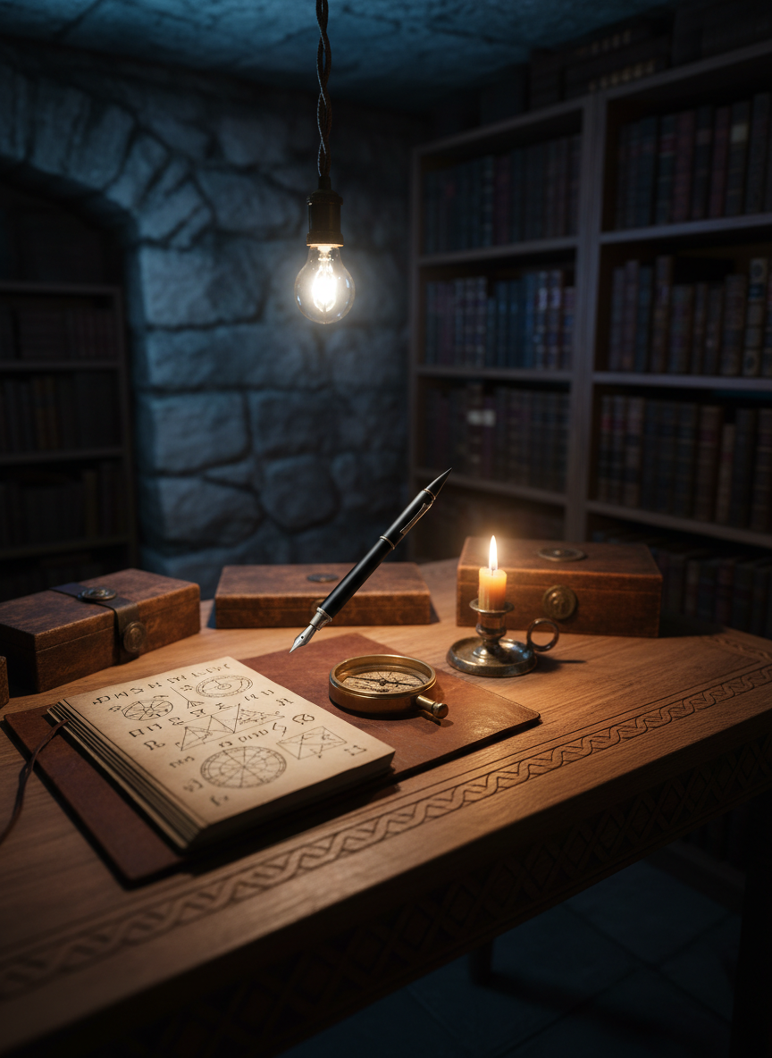 A meticulously arranged wooden writing desk in a dim underground study, captured in photographic realism. On the desk rests an open, leather-bound notebook filled with dense, illegible symbols and diagrams, a brass compass, and a heavy black fountain pen poised mid-thought. Beside them, a flickering candle in an antique holder casts warm golden light that competes with the cool glow of a single exposed bulb above, creating layered shadows on the rough stone wall. In the background, tall shelves recede into darkness, stacked with worn tomes and mysterious sealed boxes. Shot from a slightly elevated angle with the notebook on the rule of thirds, shallow depth of field isolating the working surface. The atmosphere is introspective, scholarly, and quietly esoteric, suited to Finnish-language occult philosophy.