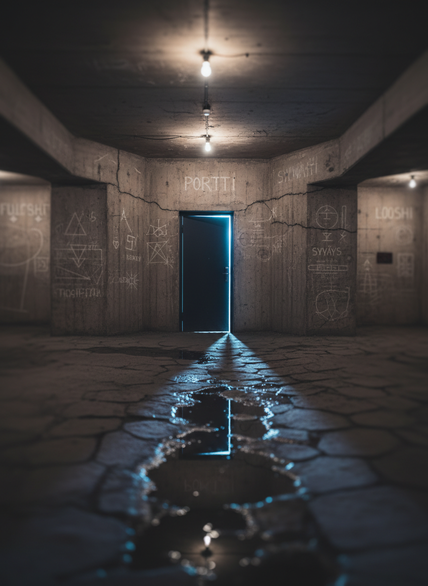 A weathered underground tunnel junction rendered in photographic realism, its rough concrete walls covered in faint chalk sigils, geometric diagrams, and cryptic Finnish words that are deliberately out of focus. At the center, a single matte-black metal door with no handle stands slightly ajar, a seam of cold bluish light spilling out onto the damp stone floor. Overhead, dim industrial bulbs flicker, casting long, uncertain shadows and reflections in shallow puddles. Shot from a low, eye-level perspective with a strong leading line drawing the viewer toward the door, shallow depth of field emphasizing the threshold. The mood is sophisticated, contemplative, and subtly occult, evoking the sense of entering a hidden philosophical looshi in the deep end of reality.